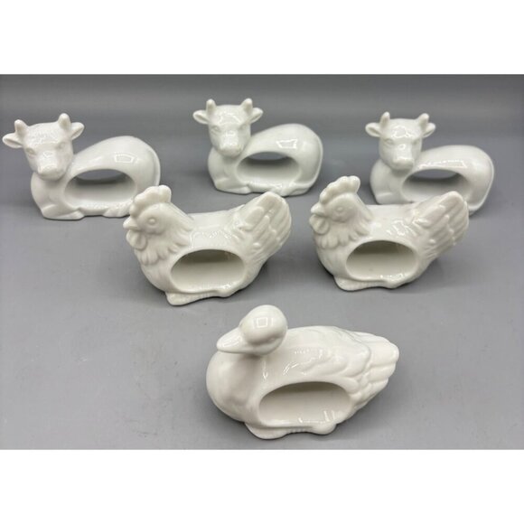 Vtg Japan Set Of 6 White Porcelain Animal Napkin Rings Duck Chicken Cow Farmhous - Picture 1 of 7